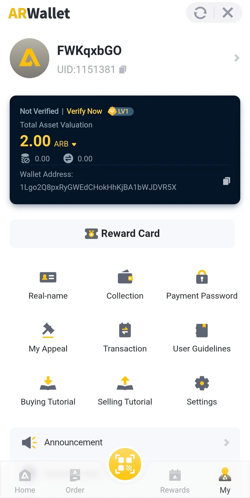 AR Wallet My Profile - Total Asset Valuation and Reward Card